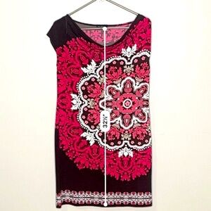 B. Calm‎ Cap Sleeveless Knee Length DressBrown Pink Floral Bold Cowl Neck, Boho